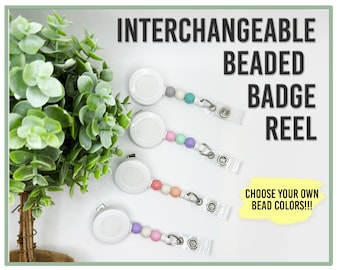 Interchangeable Beaded Badge Reel | Hook and Loop ID Badge Reel | Retractable Badge Holder | White Alligator Swivel | DIY Badge Reel