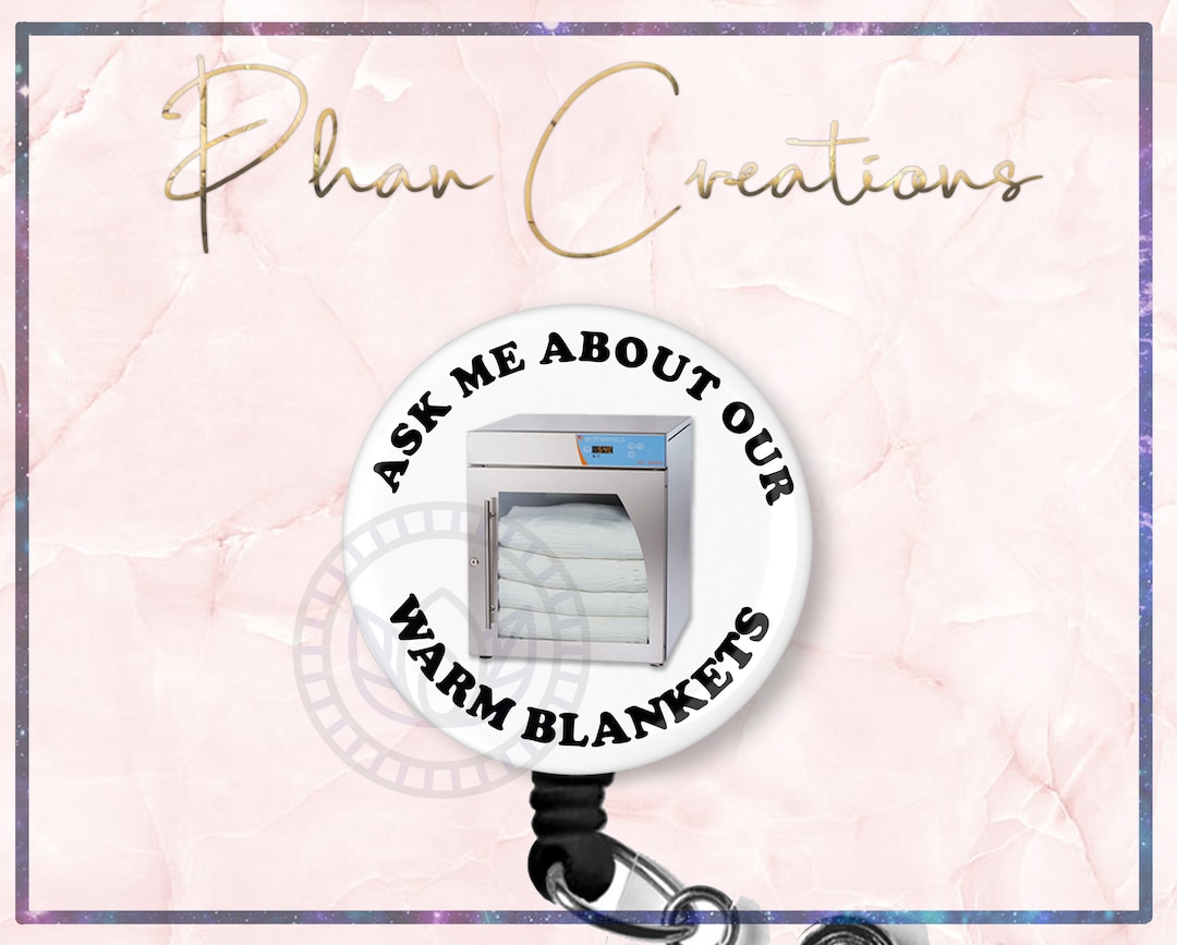 Ask Me About Our Warm Blankets ID Badge Reel, Funny Badge Reel, Ask Us