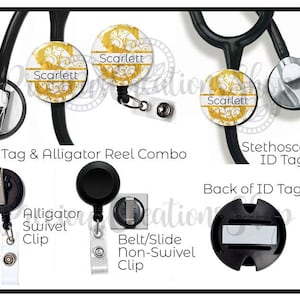 May include: A white and gold ID tag and alligator reel combo with the name "Scarlett" on it. The ID tag is attached to a black stethoscope. The image also shows the back of the ID tag and different clip styles.
