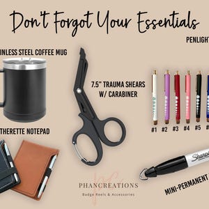a picture of a coffee cup, scissors, a pen, a wallet, and