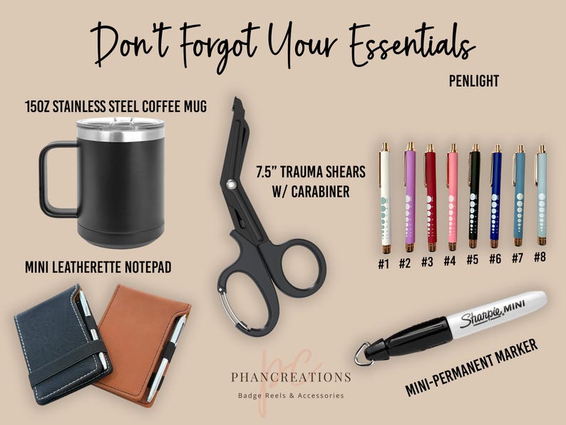 a picture of a coffee cup, scissors, a pen, a wallet, and