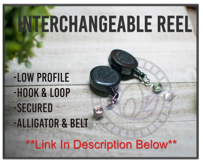 May include: Two black interchangeable reels with a low profile design, hook and loop, secured with an alligator and belt clip. The image includes the text "INTERCHANGEABLE REEL" and other descriptive text.