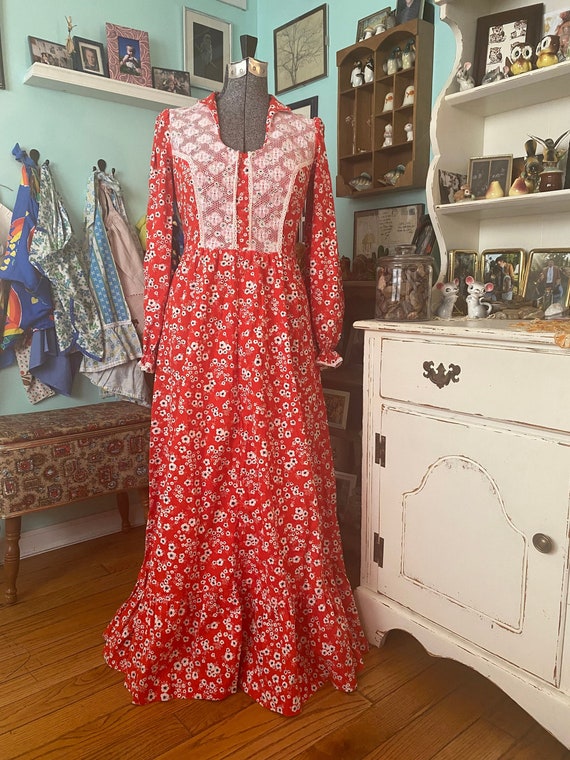 Vintage 70s Bee Mine Dallas red floral dress size 