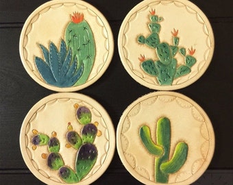 Hand Tooled Genuine Leather Coffee Coasters Set With Cactus Design, Leather Coasters, Gift for Her, Gift for Him.