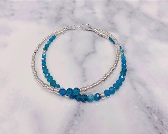 Double Blue Apatite Bracelet . Skinny Gemstone Delicate Staked Beading Jewelry. Gift for her. Beautiful Summer Jewelry.