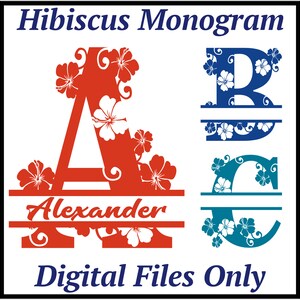May include: Hibiscus Monogram design featuring the letters A, B, and C. The letter A is red with white hibiscus flowers and the letters B and C are blue with white hibiscus flowers. The text "Alexander" is below the letter A.