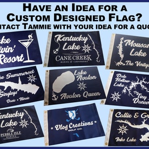 May include: A collage of nine custom designed flags featuring lake outlines, names, and logos. The flags are all navy blue with white lettering and graphics. Some of the flags feature nautical themes, such as anchors and ship wheels. The flags are all different sizes and shapes.