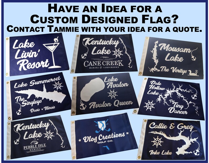 May include: A collage of nine custom designed flags featuring lake outlines, names, and logos. The flags are all navy blue with white lettering and graphics. Some of the flags feature nautical themes, such as anchors and ship wheels. The flags are all different sizes and shapes.