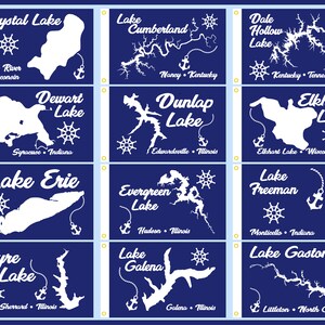 May include: A set of 12 blue and white lake flags with the names of the lakes and their locations. The flags feature a white outline of the lake and a white anchor and steering wheel.
