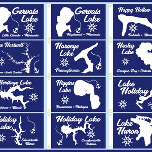 May include: A collage of twelve blue and white lake flags with the names of the lakes and their locations. The flags feature a white outline of the lake and a white anchor and steering wheel.