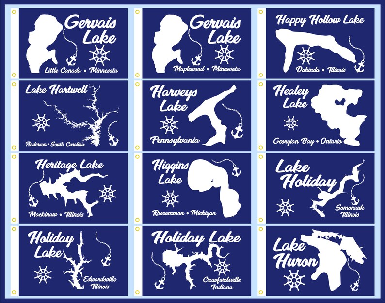 May include: A collage of twelve blue and white lake flags with the names of the lakes and their locations. The flags feature a white outline of the lake and a white anchor and steering wheel.