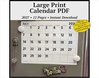 2027 Calendar PDF with Large Print Big Bold Numbers - Instant Digital Download