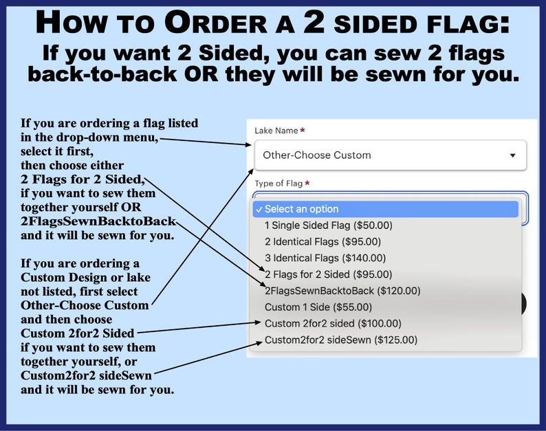 May include: A guide on how to order a two-sided flag. The image shows a dropdown menu with options for single-sided, identical, and two-sided flags. It also includes options for custom designs and prices for each option.