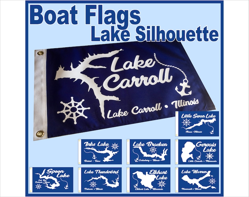 May include: A collection of blue boat flags with white outlines of lakes and the lake names. The flags feature a white anchor, steering wheel, and the state name. The flags are for Lake Carroll, Little Swan Lake, Inks Lake, Lake Bracken, Gervais Lake, Spoon Lake, Lake Thunderbird, Elkhart Lake, and Lake Warren.