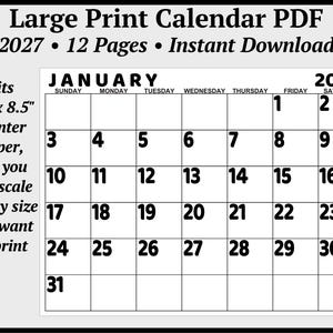 May include: A 2027 large print calendar PDF with 12 pages. The January page features a grid with bold black numbers on a white background. Text includes: Large Print Calendar PDF 2027 12 Pages Instant Download. Fits 11 inch by 8.5 inch printer paper.