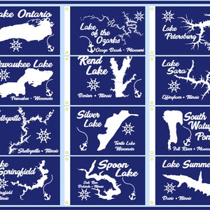May include: A blue and white illustration of 12 different lakes in the United States. Each lake is outlined in white and has the name of the lake and the location printed below. The illustrations are on a blue background with a white border.