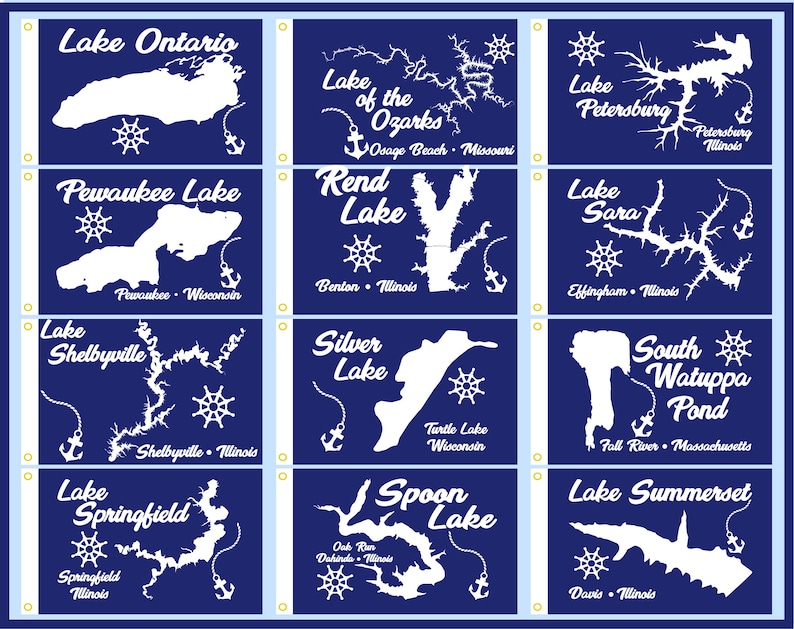 May include: A blue and white illustration of 12 different lakes in the United States. Each lake is outlined in white and has the name of the lake and the location printed below. The illustrations are on a blue background with a white border.