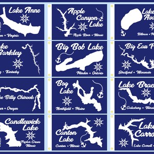 May include: A blue background with white outlines of different lakes across the United States. Each lake has a name and location listed below the outline. The names of the lakes are: Lake Anne, Apple Canyon Lake, Lake Avalon, Lake Barkley, Big Bob Lake, Big Eau Pleine, Lake Billy Chinook, Bog Lake, Lake Bracken, Candlewick Lake, Canton Lake, and Lake Carroll.