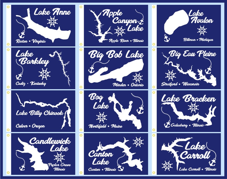 May include: A blue background with white outlines of different lakes across the United States. Each lake has a name and location listed below the outline. The names of the lakes are: Lake Anne, Apple Canyon Lake, Lake Avalon, Lake Barkley, Big Bob Lake, Big Eau Pleine, Lake Billy Chinook, Bog Lake, Lake Bracken, Candlewick Lake, Canton Lake, and Lake Carroll.