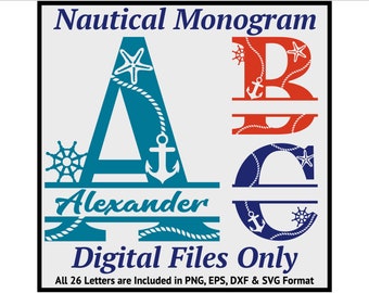 May include: Nautical monogram digital files in teal, red, and navy blue. The letters A, B, and C are shown with nautical elements like anchors, starfish, and rope. The name "Alexander" is below the letter A. Text reads "Digital Files Only".