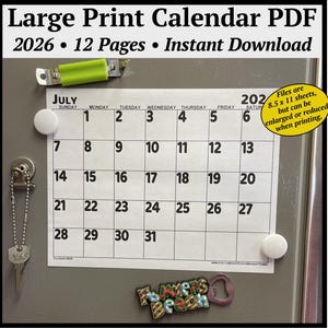 2026 Calendar PDF with Large Print Big Bold Numbers - Instant Digital Download