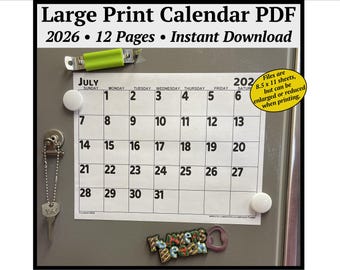 2026 Calendar PDF with Large Print Big Bold Numbers - Instant Digital Download