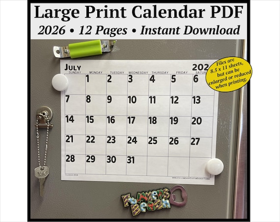2026 Calendar PDF with Large Print Big Bold Numbers - Instant Digital Download