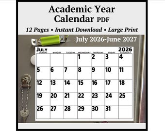 July 2026-June 2027 Academic Calendar PDF with Large Print Big Bold Numbers - Instant Digital Download
