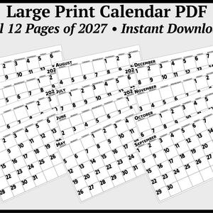 May include: A digital collection of 12 monthly calendar pages for the year 2027, featuring large black print on white paper. The text reads Large Print Calendar PDF All 12 Pages of 2027 Instant Download, with each month displayed in a grid.