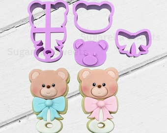 Teddy Bear Rattle Cookie Cutter Set, Baby Shower Fondant Embosser