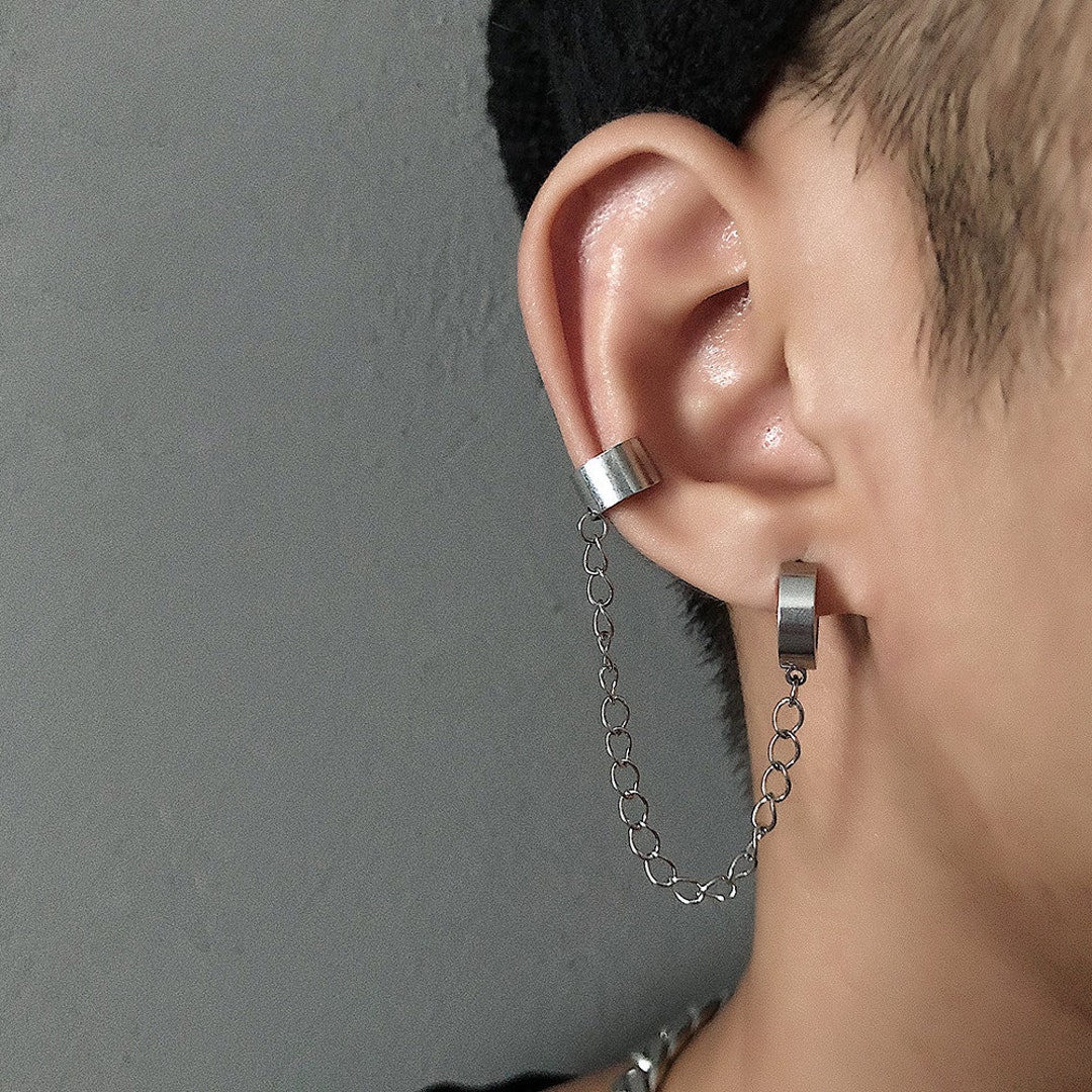 Clip Chain Cuff Earring Stud Dangle Drop Silver Titanium Steel - Etsy