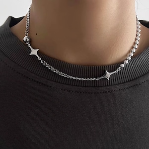 Star Beaded Choker Chain Necklace Streetwear Hip Hop Jewelry Silver Stainless Steel k-pop style fashion