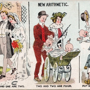 Nouvel homme arithmétique Femme Enfants Mariage Bébés Comic Postcard Y1
