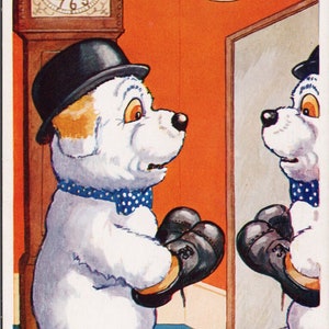 Towzie Comic Hund Blick in Spiegel halten Schuhe &#39;Spät im Büro gehalten&#39; unbenähte Postkarte Y2
