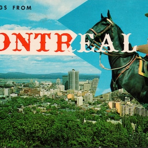 Salutations de Montréal, Québec, GRC, Gendarmerie royale du Canada, cheval, QC, carte postale vintage Y3