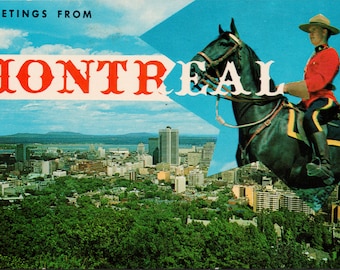 Greetings from Montreal Quebec RCMP Mountie Royal Canadian Mounted Police Horse QC Vintage Postcard Y3
