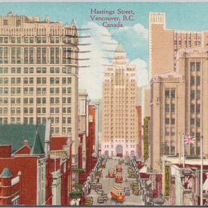 Carte postale en lin Y3 de la rue Hastings, Vancouver BC, rue des années 40
