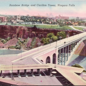 Carte postale en lin inutilisée de la tour carillon du pont arc-en-ciel des chutes du Niagara Y3
