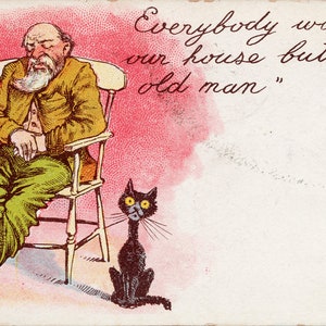 Black Cat - Vieil homme 'Everybody Works In Our House But My Old Man' Comic Animal Humour Carte postale Y1