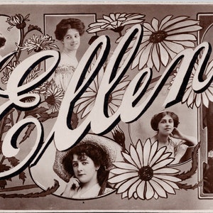 Carta grande 'Ellen' Mujeres Flores Negro & Blanco c1906 Postal Y1