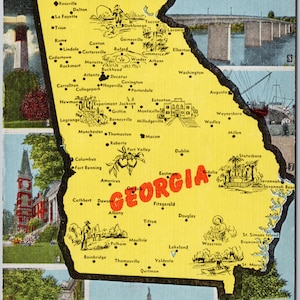 Carte postale jaune multivue en lin non utilisée Georgia Map GA Y3