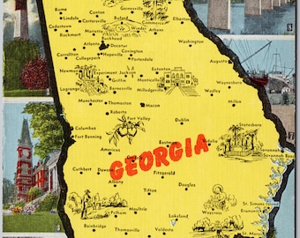 Georgia Map GA Yellow Multiview Unused Linen Postcard Y3