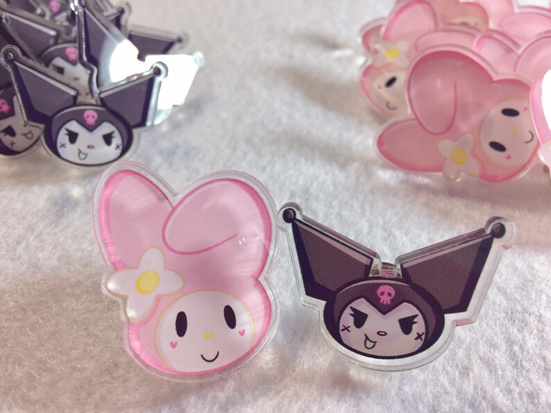 Chibi Anime Kawaii Hello Kitty My Melody and Kuromi Acrylic Pin Set || Sanrio Pinback Pastel