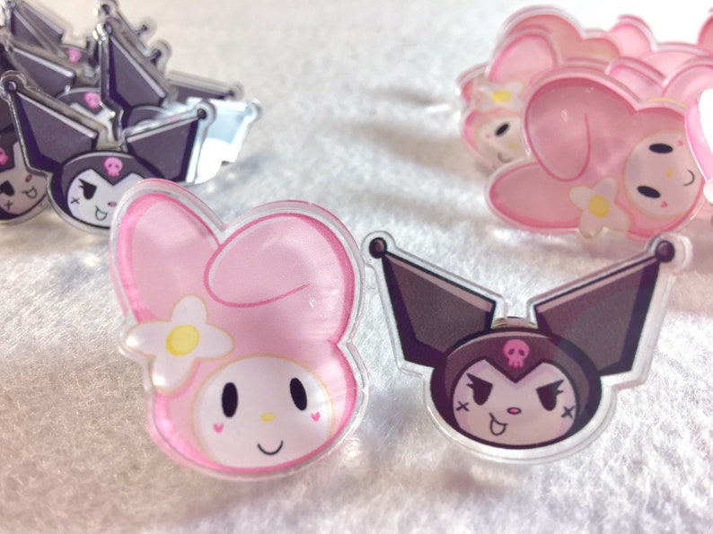 Chibi Anime Kawaii Hello Kitty My Melody and Kuromi Acrylic Pin Set || Sanrio Pinback Pastel