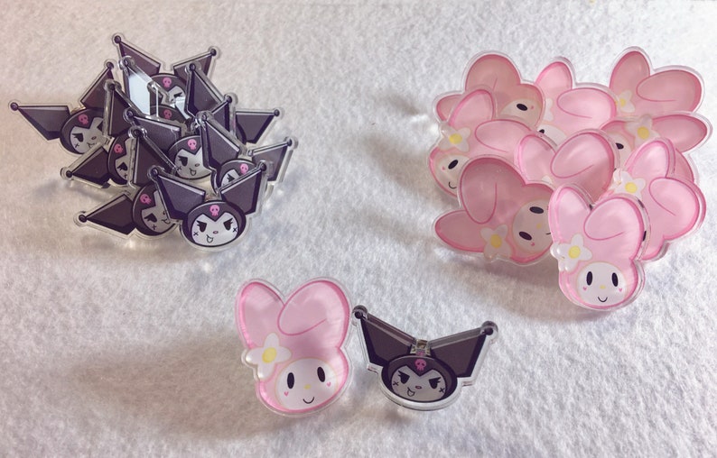 Chibi Anime Kawaii Hello Kitty My Melody and Kuromi Acrylic Pin Set || Sanrio Pinback Pastel