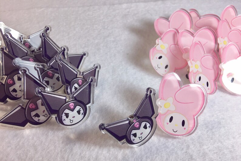 Chibi Anime Kawaii Hello Kitty My Melody and Kuromi Acrylic Pin Set || Sanrio Pinback Pastel