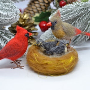 Red Cardinal and family, needle felted bird. Handmade, Custom, Wool, Needle Felt, Figurine, Ornament, Christmas, Sculpture