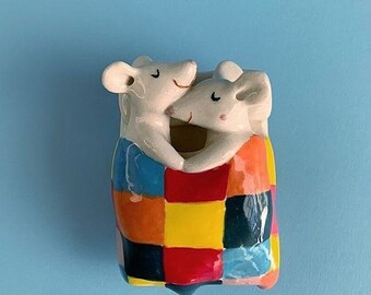 Couple of Mice in Love sleeping together in bed. A Cute Handmade Ceramic Figure.. Ready to Ship!