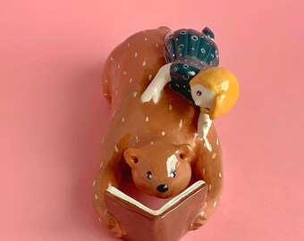 Ceramic Bear with little girl reading a book Handmade Animal Fantasy Creations. Ready to Ship!