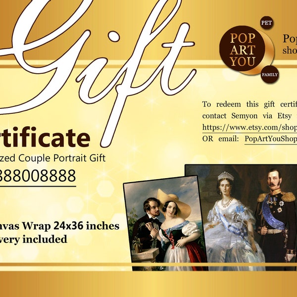 Gift certificate for Couple Portrait - Custom Personalized, digital printable Gift card, Surprise gift voucher, coupon, Renaissance Portrait